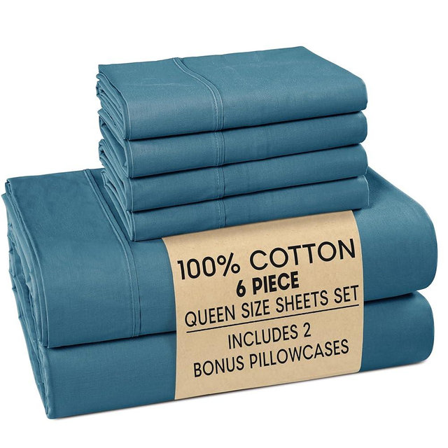 Casa Platino Sheet Set Queen Size – 100% Cotton Bed Sheets Queen with 4 Pillowcases, Soft & Cozy, Lightweight & Breathable, with 15" Deep Pocket Fitted Sheet, Perfect Everyday Sheets – Blue Heaven