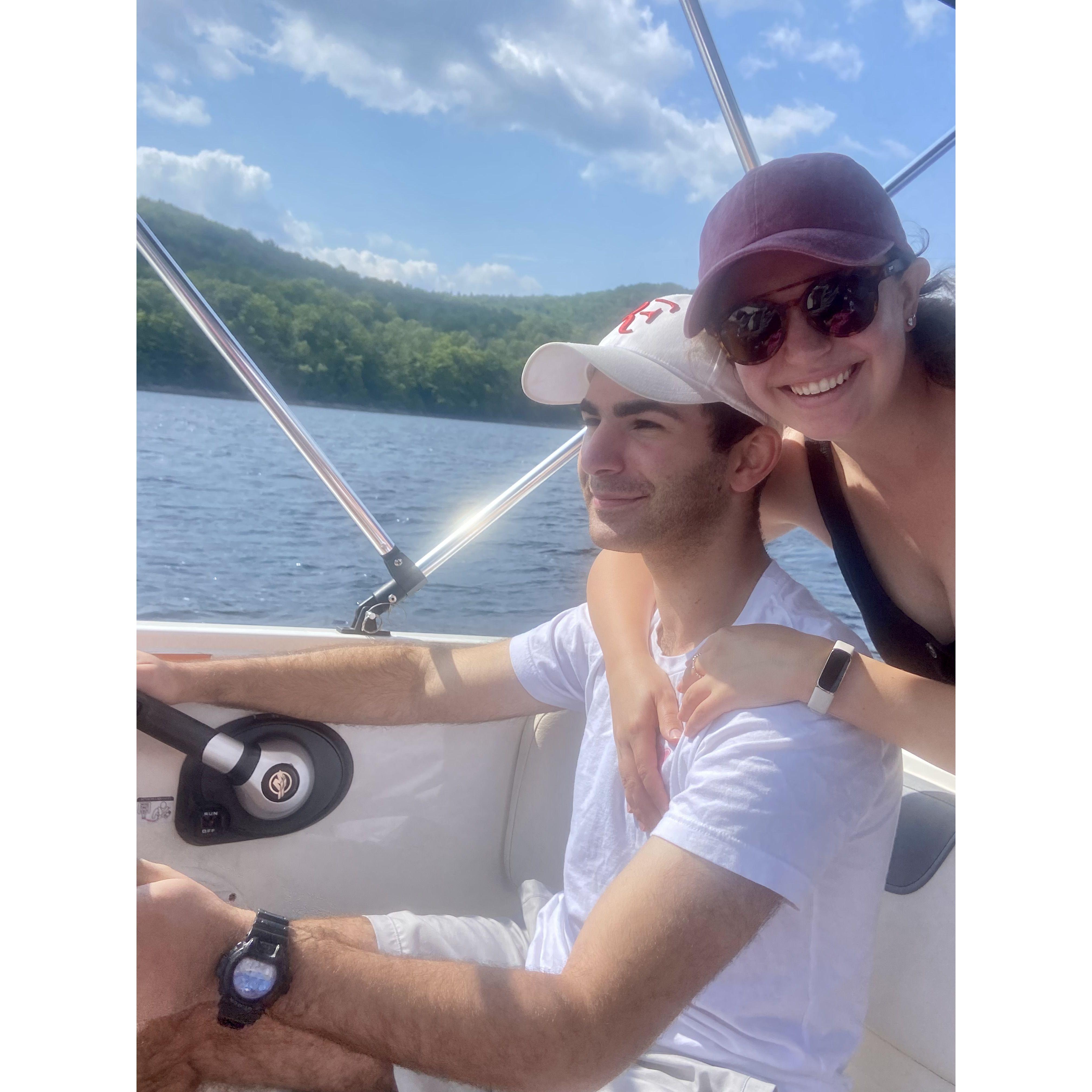 Brave captain Eli driving the boat in Vermont