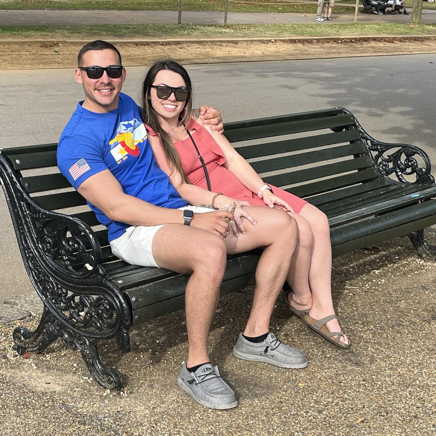 Sitting on a park bench somewhere in London just before we went paddle boating - 2022