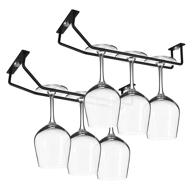 10.8 Inch Long Single Rail Wine Glass Rack Under Cabinet Cupboard, Yimerlen Metal Stemware Holder Wine Glass Holder Wine Glass Hanger for RV Mini Bar Kitchen Storage (Black- 2 Pack)