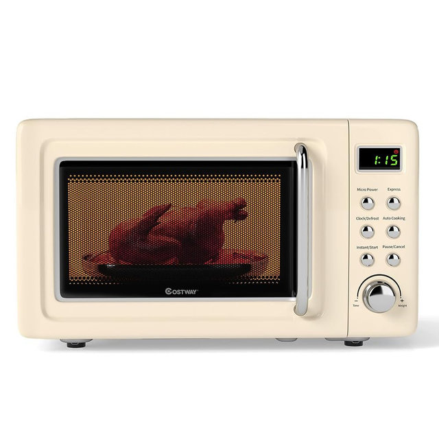 COSTWAY Microwave Countertop, 0.7Cu.ft Microwave Ovens with 5 Micro Power, Delayed Start Function Glass Turntable & Viewing Window, LED Display, Child Lock, Mini Microwave for Small Place (Beige)