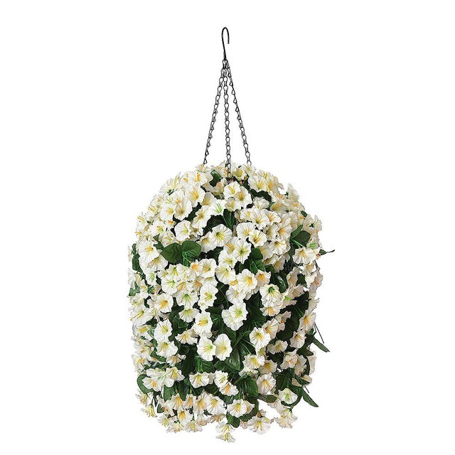 Hanging Artificial Flowers Basket, Fake Hanging Plant, Silk Orchid Flowers, Faux Flower Arrangement for Outdoor Garden Yard Pouch Patio Indoor Home Decoration (White)