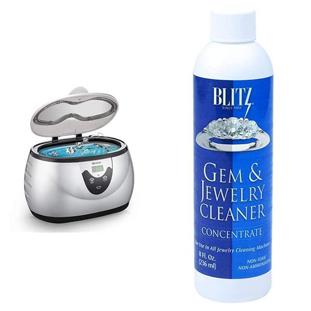 UKOKE 3800S, Professional Jewelry Timer, Portable Household Ultrasonic Cleaning Machine, Eyeglasses Denture Cleaner, 0.6 L, Silver & Blitz 653 Gem & Jewelry Cleaner Concentrate, 1-Pack, Blue