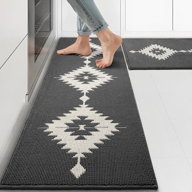 UNIBATH Farmhouse Kitchen Rugs Sets of 2, Grey Kitchen Mat Set for Floor Non-Slip Washable, Absorbent Resist Dirt Polypropylene Large Long Runner Rug, Western Boho Rug for Sink, 24x35+24x59
