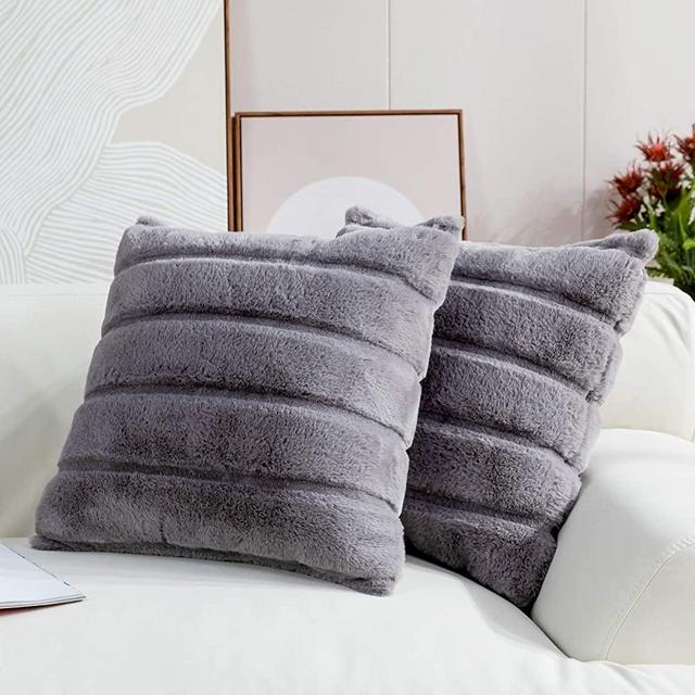 Cozy Bliss Set of 2 Luxury Super Soft Plush Faux Fur Fleece Throw Pillow Covers, Striped Cushion Cover Textured Decorative Pillowcases for Sofa Couch Bed Chair Car (Grey, 16"x16")