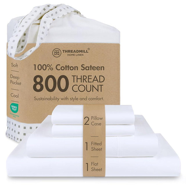 Threadmill Luxury 800 Thread Count 100% Cotton Sheets - Sateen Weave Twin XL Bed-Sheets, Better Than Egyptian Cotton,3 Pc Solid Bedding Set (Hotel White), Fits 15" Deep Pocket