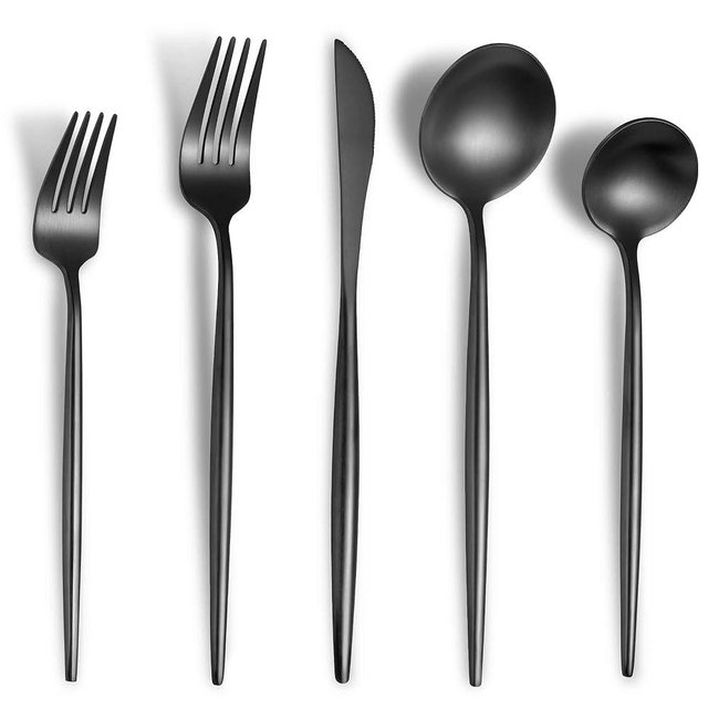 Lemeya Matte Black Silverware Set for 8,Modern Stainless Steel Brushed Cutlery Set,40-Pieces Heavy Duty Flatware Set,Knives Spoons and Forks Set Utensils Set, Satin Finish, Dishwasher Safe