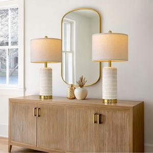 PoKat Touch Bedside Table Lamps with USB Ports for Bedroom Living Room, 25'' White and Beige