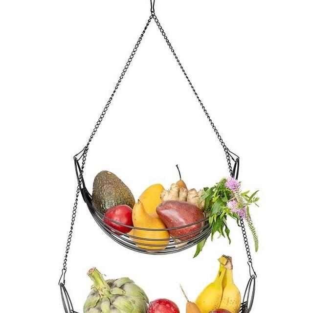 Hanging Fruit Basket for Kitchen (Black)- 2 Tier Canoe-Shaped Iron Hanging Kitchen Baskets - Stylish Fruit Hanging Basket w/ Tangle-Resistant Chains -Wire Hanging Vegetable Basket for Produce Storage