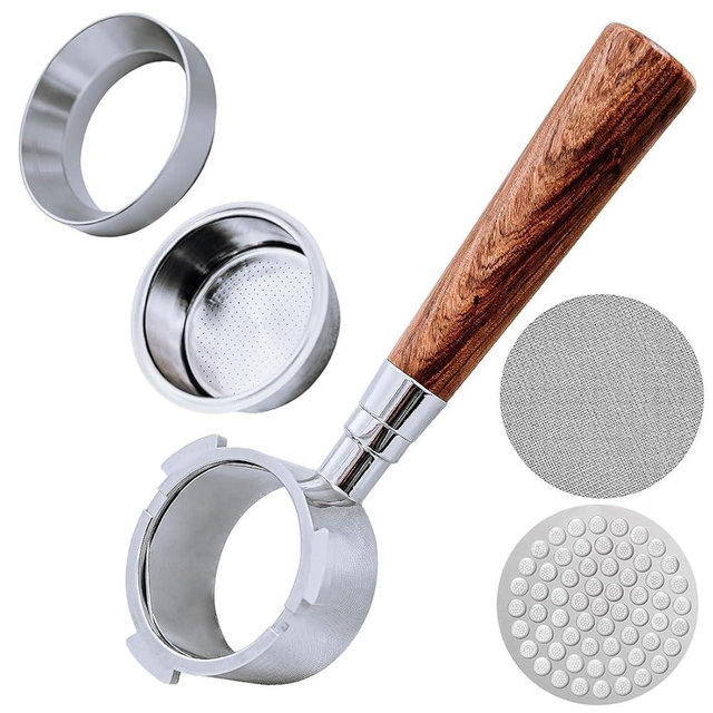 51mm Bottomless Portafilter with 3 Ears – Includes Magnetic Dosing Funnel, Etched & Sintered Filter Screens, Double Shot Basket, Stainless Steel Holder with Redwood Handle, Fits DeLonghi51mm Machines