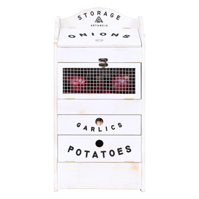 ARTAWEIN Pine Wood Veggie Bin for Potato, Onion and 1 Garlic Drawer Vegetable Box for Kitchen Storage, Solid Wodd Vegetable Bin 13.77" L X 7.1" W X 29.3" H (Rustic White)