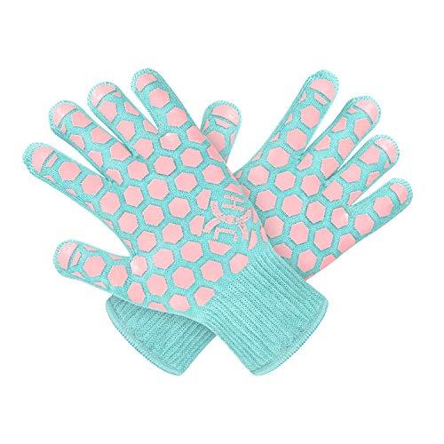 JH Heat Resistant Cooking Glove:EN407 Certified 932 °F, 2 Layers Silicone Coating, Turquoise Shell with Pink Coating, BBQ & Oven Mitts For Kitchen, Fireplace, Grilling, 1 Pair, Women Fits All