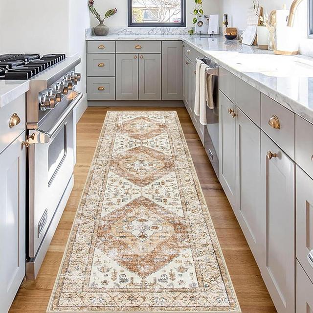 Beeiva Vintage Hallway Runner Rug Washable, 2x8 Ultra Thin Rug Runners with Rubber Backing, Boho Khaki Washable Runner Rug Non Slip Kitchen Runner Rug for Bedroom Laundry Room