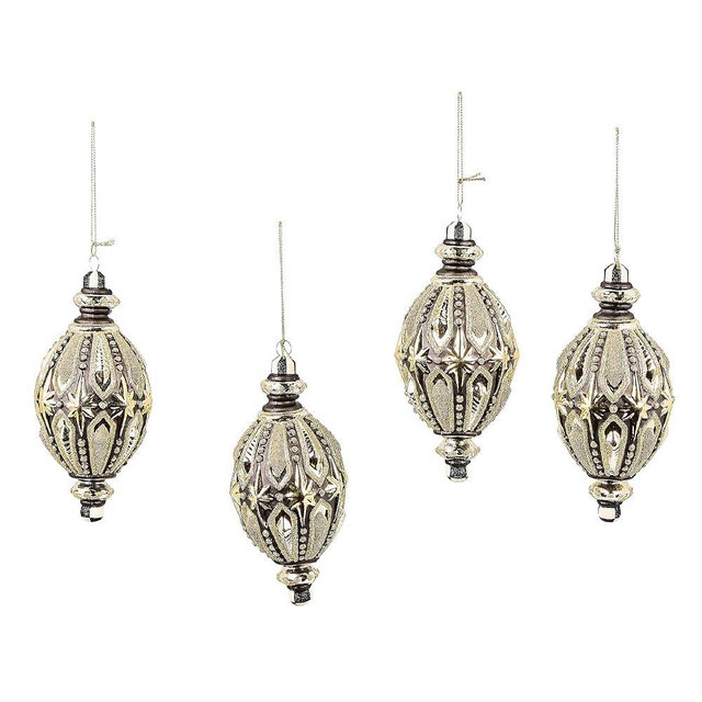MACKENZIE-CHILDS Set of 4 Glass Ornaments, Christmas Tree Decorations, Black-and-White Courtly Noel Teardrop