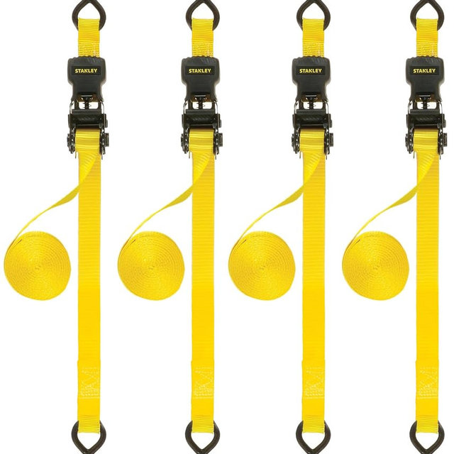STANLEY S10004-12 Black/Yellow 1" X 12' Ratchet Straps - 500 LBS Safe Working Load / 1,500 LBS Break Strength, 4 Pack