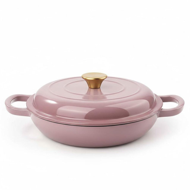 3 Quart Enameled Cast Iron Braiser, Non Stick Enameled Cast Iron Skillet with Lid, Dutch Oven Skillet with lid up to 500°F for Oven, Stove, Grill, Shallow Dutch Oven for Cook, Bake (Pink)