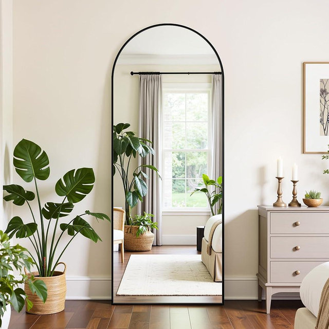 LadyNow Full Length Mirror, 58"x18" Oversized Floor Mirrors Freestanding, Full Body Mirror Floor Standing Mirrors with Stand, Hanging Mounted Mirrors for Bedroom Living Room, Black, Arched Style