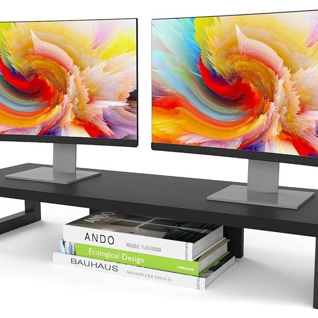 WESTREE Dual Monitor Stand Riser, Wood and Steel Monitor Stand Riser, Computer Monitor Stand for 2 Monitors, Multi-Purpose Desktop Storage Stand for Computer,Laptop,Printer,TV