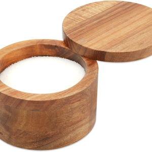KITCHENDAO Acacia Wood Salt Cellar Bowl Box, Elegant Kitchen Holder Container with Swivel Magnetic Lid to Store Favorite Seasonings Pepper Spice or Bath, 6oz