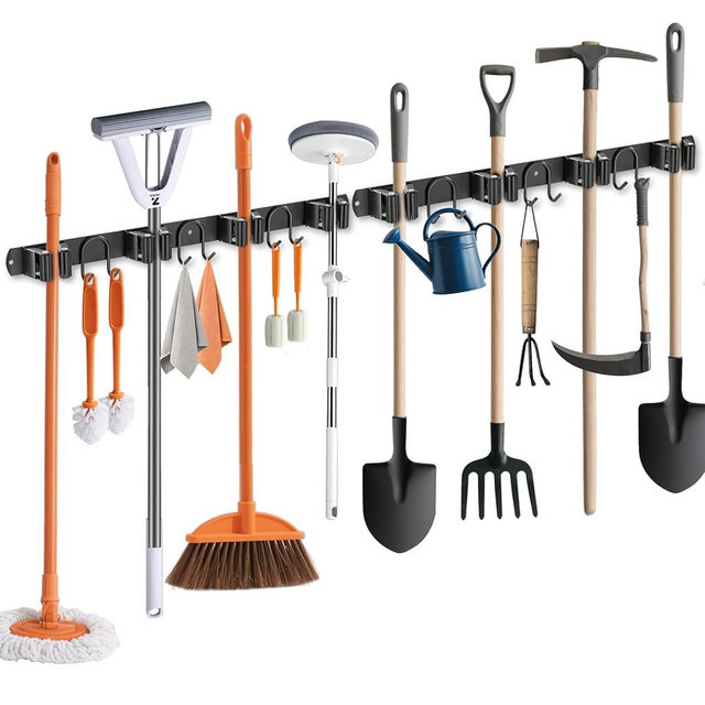 GUUKAR Broom Holder Wall Mount, 2 Packs Black Stainless Steel Tool Storage Organizer for Kitchen Garden Garage Laundry Room Bathroom and RV with 4 Slots 6 Hooks