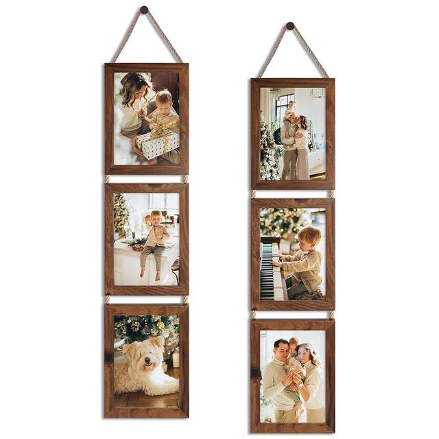 QUTREY 5x7 Collage Picture Frames, 3 Openings Hanging Photo Frame Set Display Vertical 5 by 7 inch Pictures for Wall Decor, Rustic Walnut Brown, 2 Pack