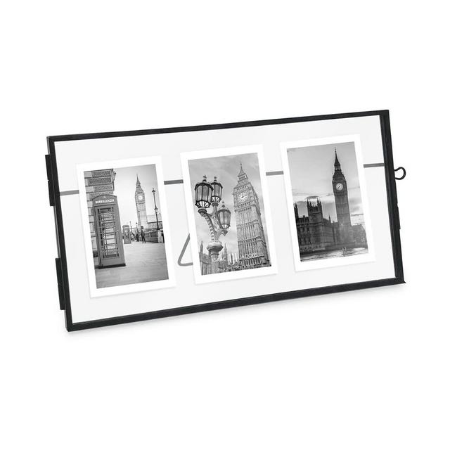 Isaac Jacobs 3-Photo Vintage Style Glass and Metal Floating Picture Frame (Horizontal) w/Locket Closure; (Fits 3 2x3 photos) for Photos, Art, & More, Tabletop Display (Three-2x3, Black)