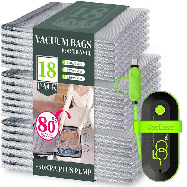 Vacbird 18 Pack Vacuum Bags for Travel with USB Pump, Compression Travel Vacuum Bags for Luggage and Suitcase, Carry-on Size Space Saver Bags for Clothes and Clothing