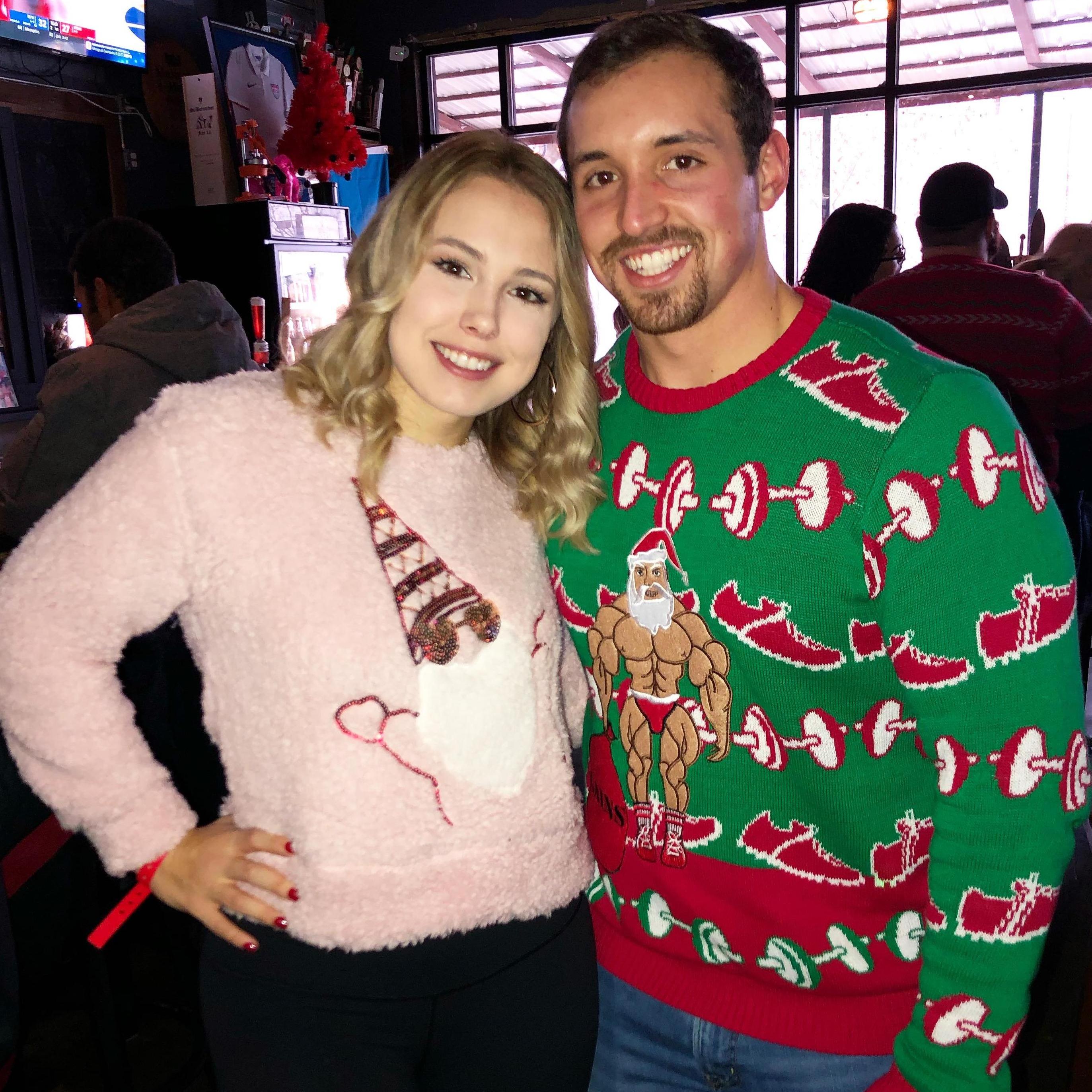 Aaaaaand Owen picks the Christmas sweater with buff Santa. Are we surprised? December 2018