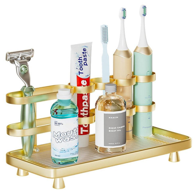 YOOLENS Electric Toothbrush Holder for Bathroom Countertop 5 Metal Slots Toothpaste Razor Mouthwash Organizer, Gold