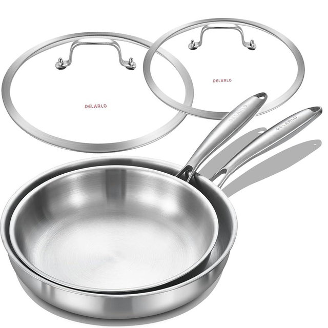 DELARLO Tri-ply Stainless Steel Kitchen Cookware Frying Pan Set with Lid 10.5"12.5" Induction large Skillets Chef's Pan,Pots and Pans Set Kitchen Cookware Set Suitable for All Stove