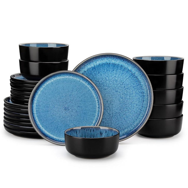 vancasso PLAYA Plates and Bowls Sets, 24 Pieces Blue Dinnerware Sets for Kitchen, Reactive Glaze Dishes Set for 8, Dishwasher and Microwave Safe