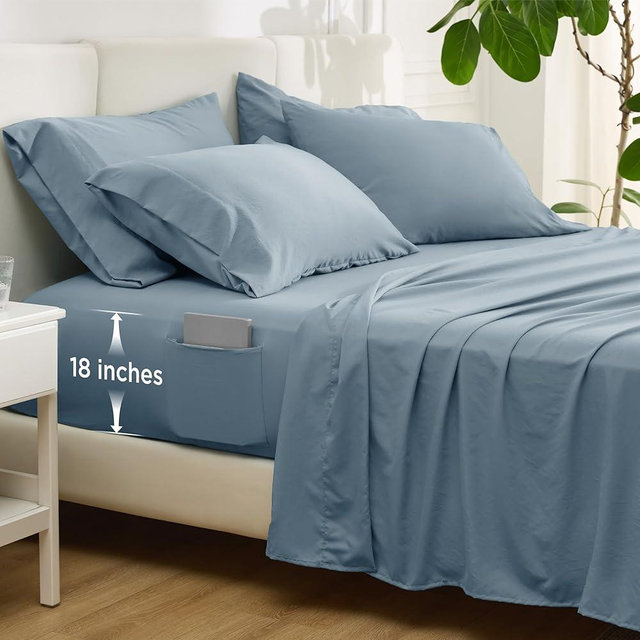 Bedsure Deep Pocket Queen Sheets - 6 Piece, Prewashed Ultra-Soft Queen Sheet Set, Fits Mattresses Up to 18 Inches Thick, Breathable & Secure Fit, Hotel Luxury Bedding, Mineral Blue
