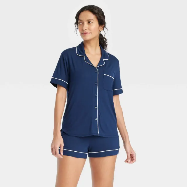 Women's Cloud Knit Short Sleeve Notch Collar Top and Shorts Pajama Set - Auden™ Navy Blue L