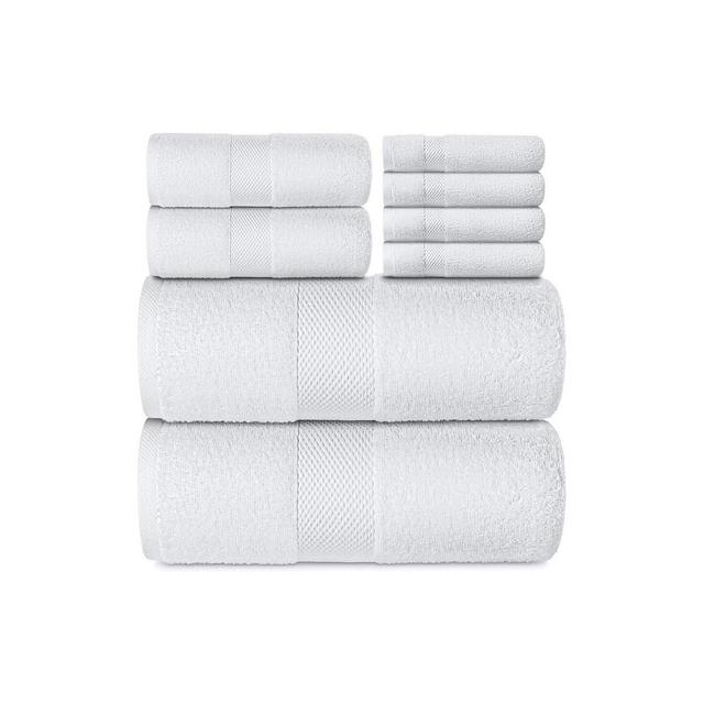 White Classic Luxury 100% Cotton 8 Piece Towel Set - 4x Washcloths, 2x Hand, and 2x Bath Towels - White
