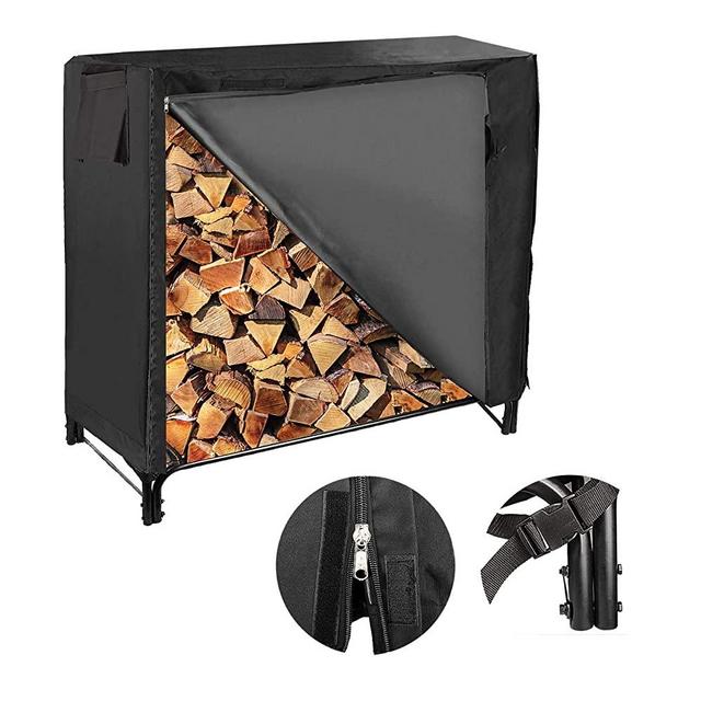 4-foot Firewood Storage Holder Set, Heavy Duty Log Rack with Cover for Outdoor and Indoor Use, Steel Tubular Logs Storage, Fireplace Tool | Black