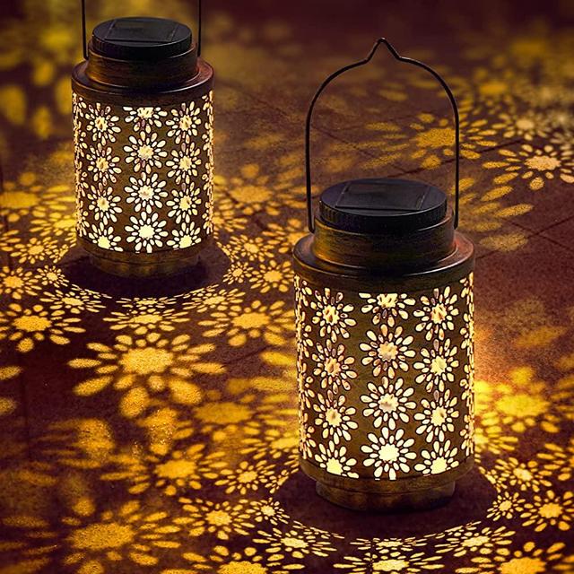 2 Pack Solar Lanterns Outdoor Hanging Retro Metal Landscape Lighting for Patio Yard Pathway Decorative, Crafted Garden Solar Lights Decor Indoor Long Lasting Performance Hollowed Out Pattern