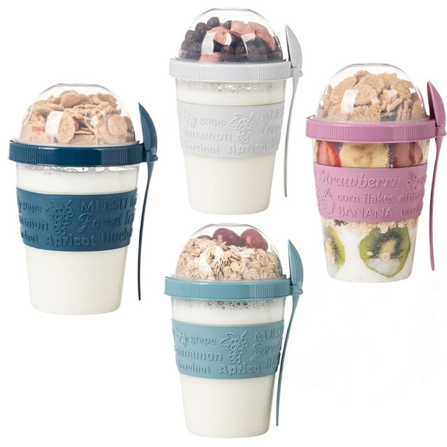 SECEL 4 Pcs Yogurt Parfait Cups Breakfast On The Go Reusable Plastic Containers With Lids And Spoons Take And Go Yogurt Cup With Topping Cereal Or Oatmeal Leak-proof Colorful Bowls