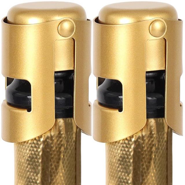 Stainless Steel Champagne Stoppers with Silicone, Reusable Wine Seal and Decorative Wine Corks, Leakproof Wine Bottle Plug for Champagne, Cava, Prosecco, Sparkling, Gold, 2 pcs