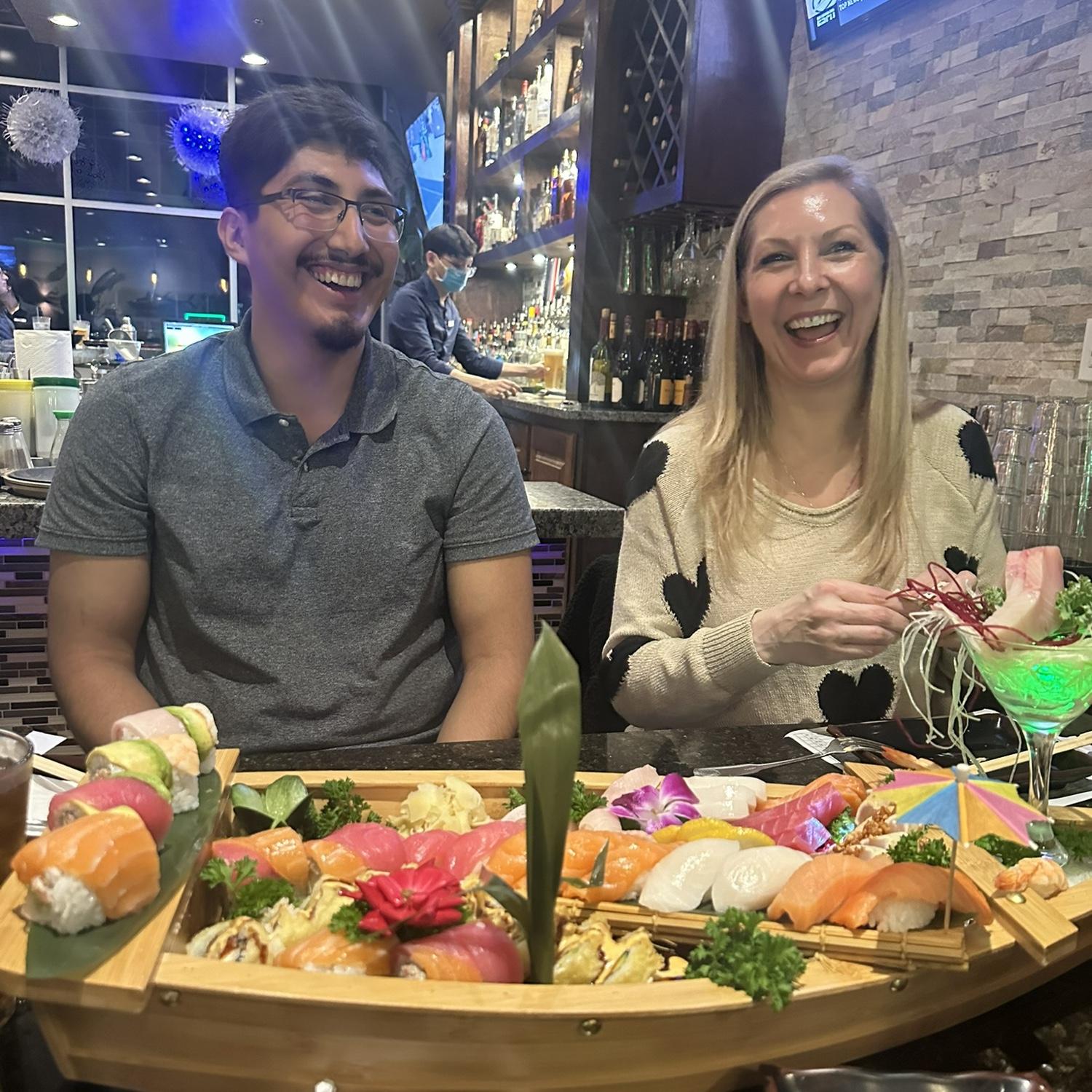 Salvador and Chastity Roberts - a sushi boat Salvador devoured