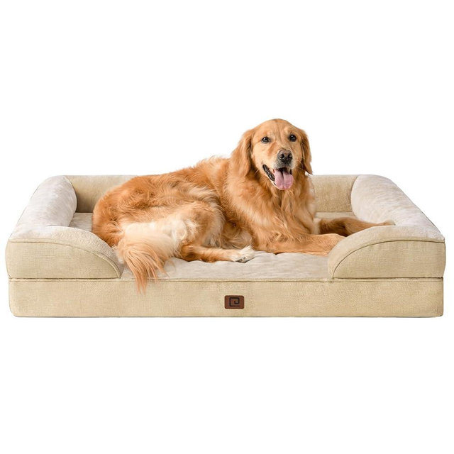 EHEYCIGA Orthopedic Dog Beds for Large Dogs, Waterproof Memory Foam Large Dog Bed with Sides, Non-Slip Bottom and Egg-Crate Foam Pet Couch Bed with Washable Removable Cover, Greige