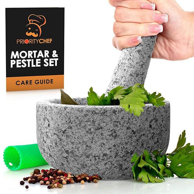 PriorityChef Large Mortar and Pestle Set, 2 Cup Capacity Guacamole Bowl, Unpolished Hand Carved Granite Stone Spice Grinder, Grey