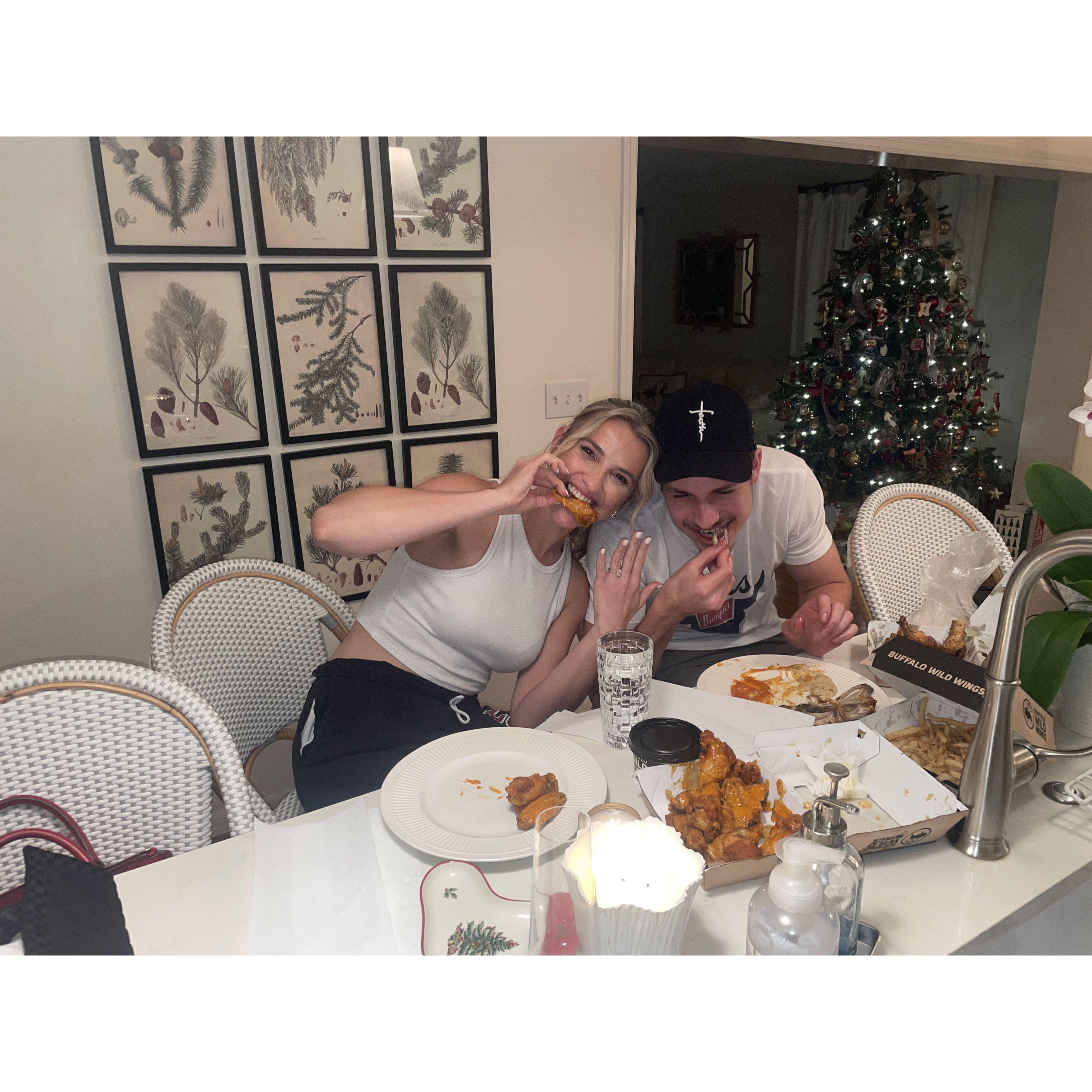 Instead of going out to a nice dinner following our engagement, I requested chicken wings and sweatpants