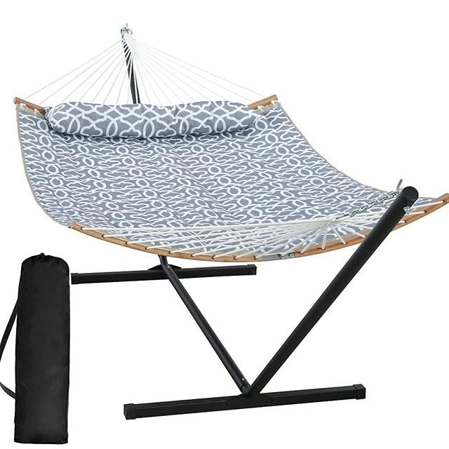 SUNCREAT Hammocks for Outside with Stand, Freestanding Hammock with Frame, 450 lbs Capacity, Grey Pattern