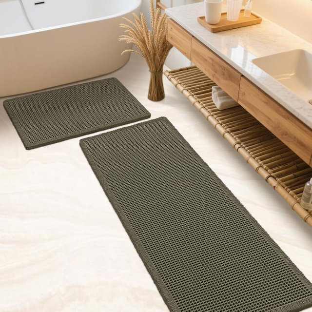 IM HOME Waffle Bath Mat Set 2 Piece Olive Green,Woven Modern Bath Rug Mats, Absorbent Non Slip Bath Floor Mat, Soft Washable Boho Bath Rugs with Tassels for Bathroom, Bedroom, Kitchen,Tub