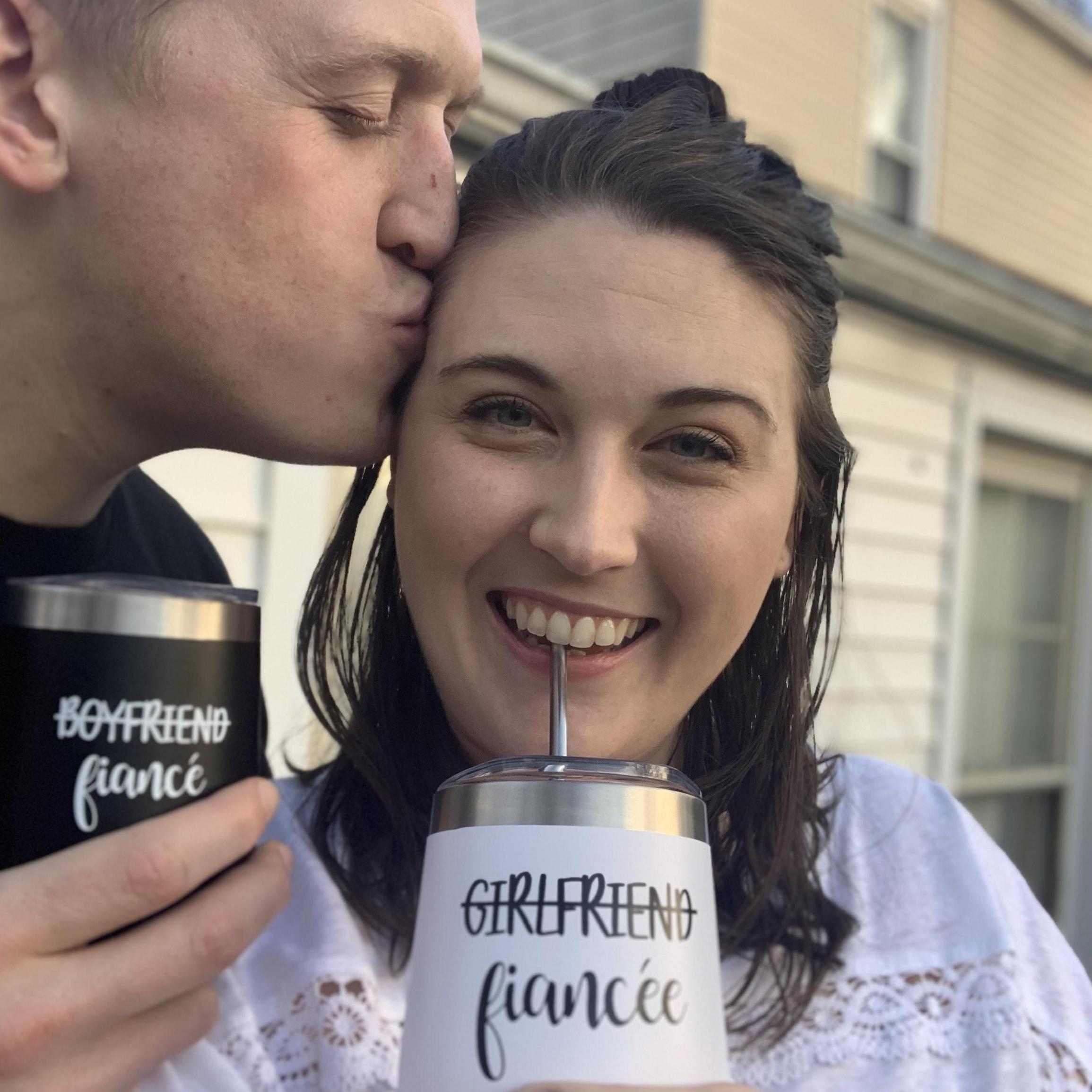 Our first engagement gift was a great prop for our engagement announcement photos!
