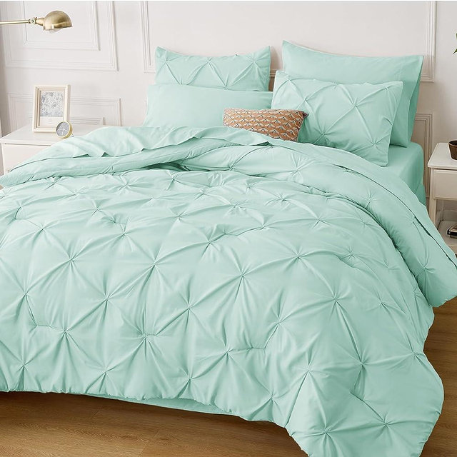 Bedsure Mint Green Comforter Set Queen - Bed in a Bag Queen 7 Pieces, Pintuck Beddding Sets Green Bed Set with Comforter, Sheets, Pillowcases & Shams