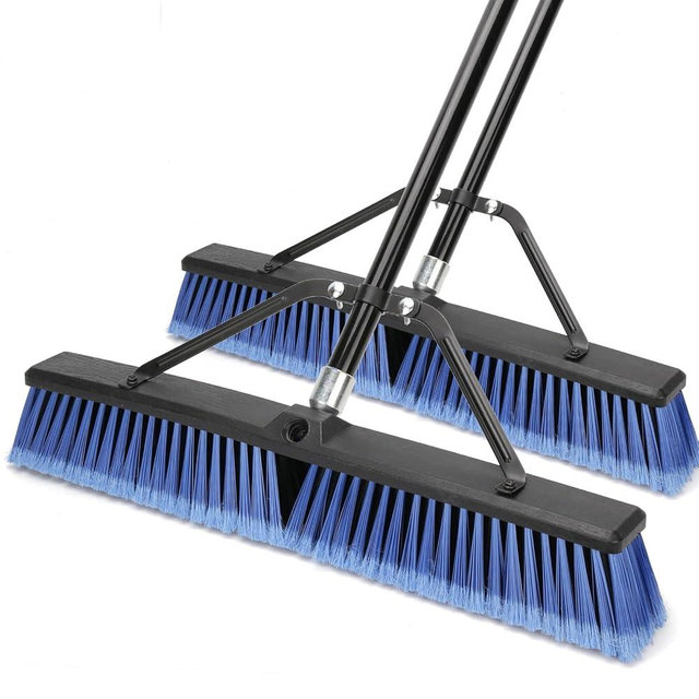 24 inches Push Broom Outdoor Heavy Duty Broom for Deck Driveway Garage Yard Patio Concrete Floor Cleaning-Blue-2 Pack