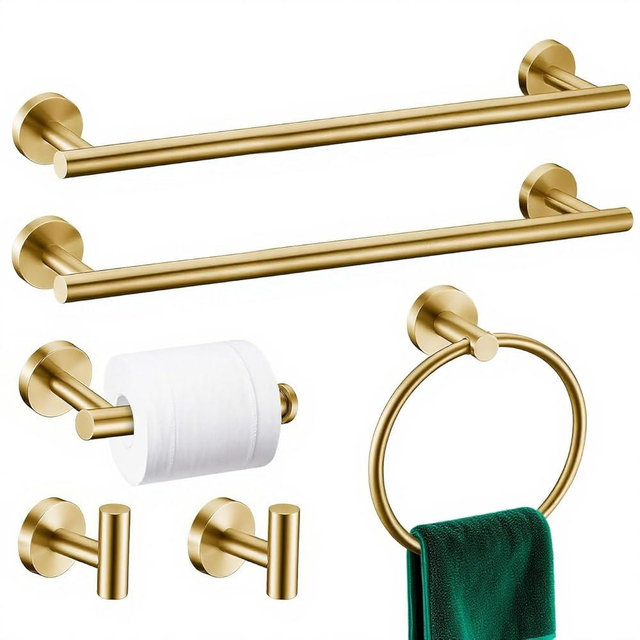 6 Pieces Brushed Gold Bathroom Hardware Accessories Set, SUS304 Stainless Steel 24 Inch Bath Towel Bar Set, Round Bathroom Towel Holder Set, Towel Racks for Bathroom Wall Mounted