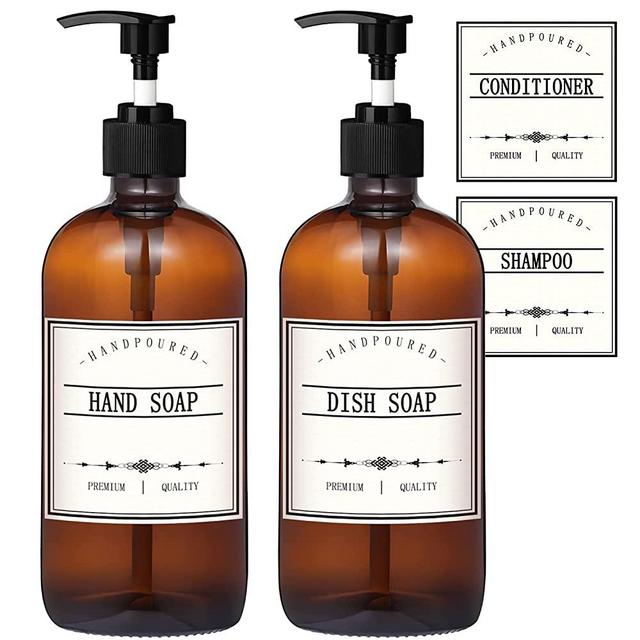 GMISUN Hand and Dish Soap Dispenser Set, 2 Pack Thick Amber Glass Soap Dispenser with Plastic Pump, 16 Oz Refillable Liquid Soap Bottle w/ Labels, Vintage Farmhouse Soap Bottles for Kitchen & Bathroom