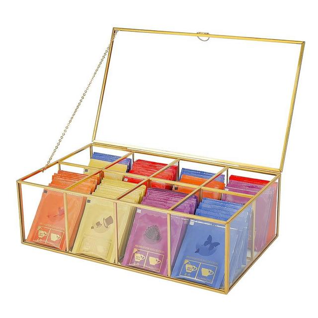 REDHUGO Glass Tea Bag Organizer with 8 Compartments, Handmade Large Tea Bag Storage Box for Counter Kitchen, Tea Bag Holder,Tea Storage Containers with Lid,Tea Accessories Gifts for Tea Drinkers,Gold